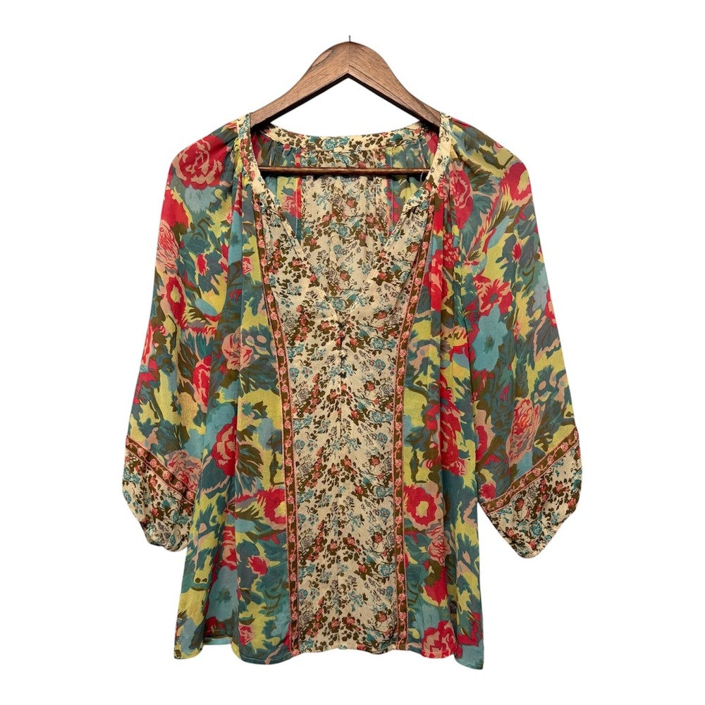 Joie Womens S Tunic Top Floral 100% Silk Boho Peasant Sheer Feminine Cottagecore